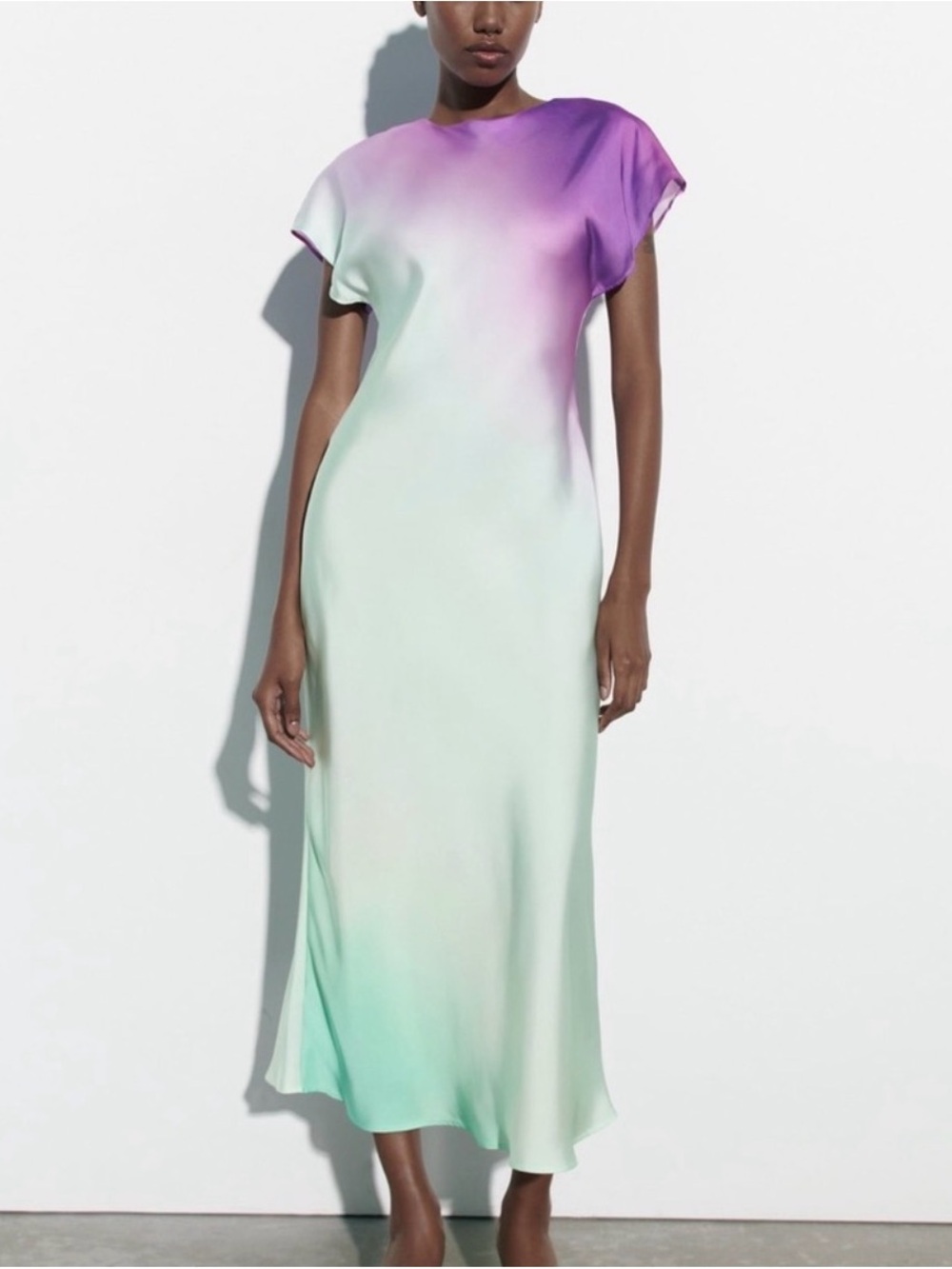 Zara Viral Satin Ombre Maxi Dress Green Purple Tie Dye Mock Neck Wedding Guest M